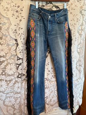 up cycled Southwest , coastal cowgirl, Levi’s 501  jeans with fringe